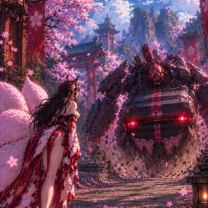 sakura shrine standoff kitsune and golem (1)